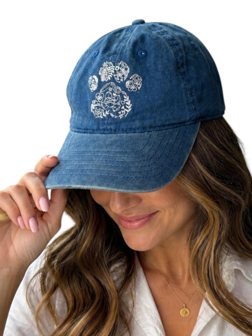 Denim Blue Baseball Hat Paw Print Baseball Cap - Blue with White Dog Paw Print